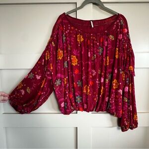 Free People Wildflower Honey Floral Long Sleeve Mesh Top Berry Comb Women’s Med